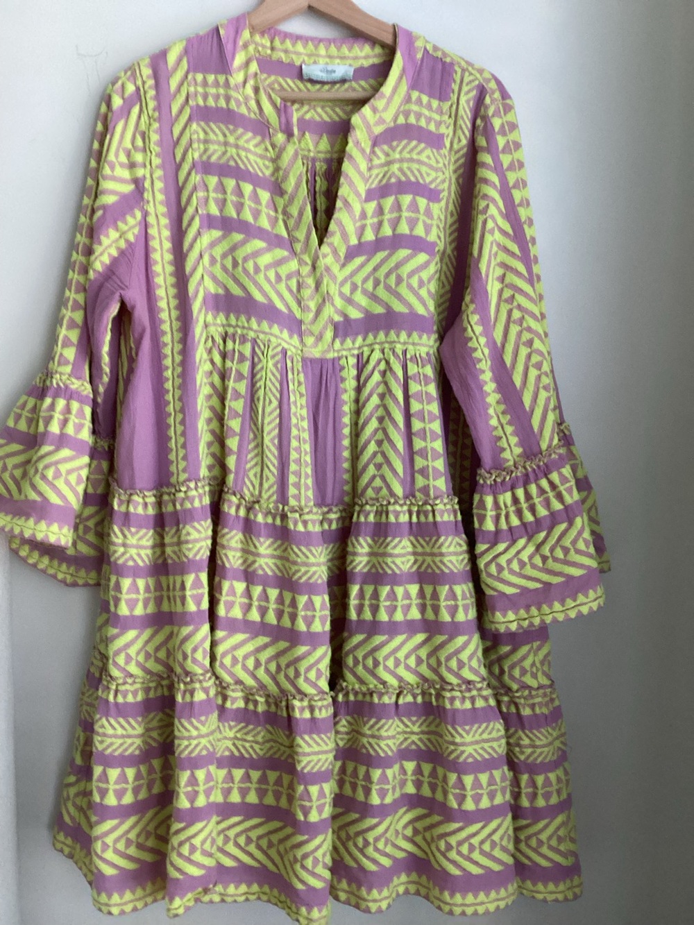 Devotion Twins Ella Tiered Boho Dress  Large Lavender Neon Chartreuse Resort